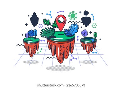 Metaverse virtual reality landscape island vector. Virtuality land scape with tree and bush foliage forest, river and green grass meadow field. Gps location mark flat cartoon illustration