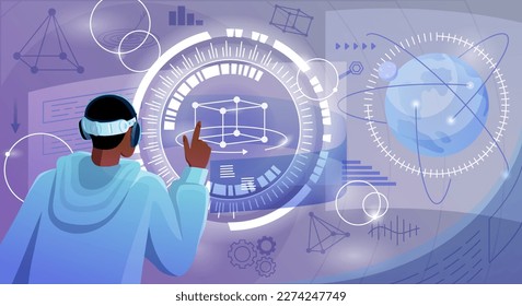 Metaverse y realidad virtual. El hombre con vasos VR modernos realiza investigaciones en el ciberespacio o en el mundo digital. Holograma o simulador. Interfaz futurista. Dibujo vectorial plano de dibujos animados