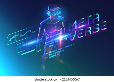Metaverse in virtual reality. Man wearing vr headset in abstract digital world. Vector illustration