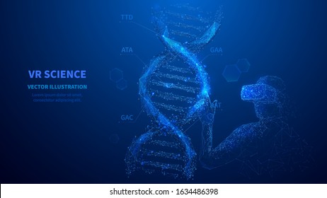 Metaverse. Virtual Reality Medicine Or Science Concept. Abstract Man In VR Touching On DNA Virtual Model. Low Poly Wireframe Digital Technology Vector Illustration. Futuristic Polygonal Art. 