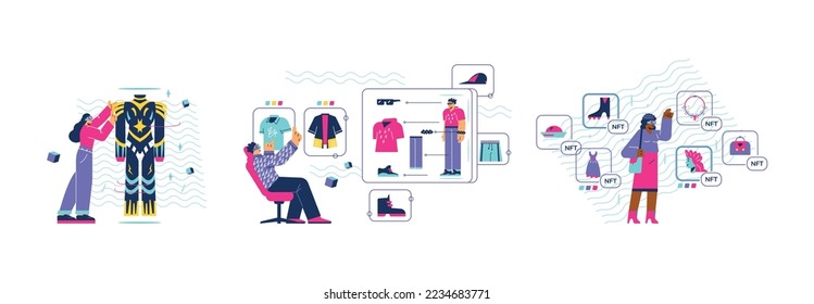 Metaverse Virtual Reality shopping fashion app banners set with people choosing and buying clothing and accessories, flat vector illustration isolated on white background.