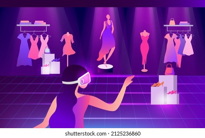 Metaverse Virtual Reality shopping. woman wearing VR goggle having 3d experience in shopping in the metaverse vector illustration 