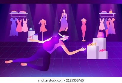 Metaverse Virtual Reality shopping. woman wearing VR goggle having 3d experience in shopping in the metaverse vector illustration 