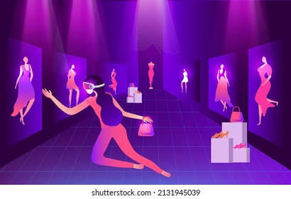 Metaverse Virtual Reality Shopping. Woman Wearing VR Goggle Having 3d Experience In Shopping In The Metaverse Vector Illustration 