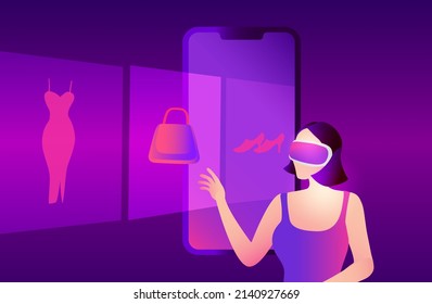 Metaverse Virtual Reality Shopping. Woman Wearing VR Goggle Having 3d Experience In Shopping In The Metaverse Vector Illustration 