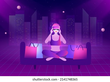 Metaverse Virtual Reality shopping. woman wearing VR goggle having 3d experience in shopping in the metaverse vector illustration 