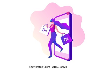 Metaverse Virtual Reality shopping. woman wearing VR goggle having 3d experience in shopping in the metaverse vector illustration 