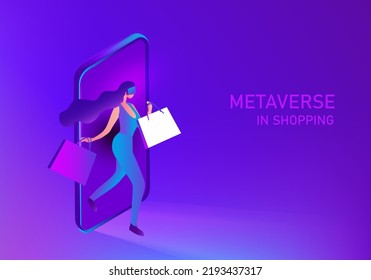 Metaverse Virtual Reality shopping. mujer con accionamiento VR con experiencia 3d en compras en ilustración vectorial 