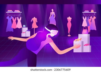 Metaverse Virtual Reality shopping. woman wearing VR goggle having 3d experience in shopping in the metaverse vector illustration 