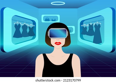 Metaverse Virtual Reality shopping. Young woman wearing VR goggles while shopping clothes in the metaverse illustration concept for banner, website, landing page, ads, flyer template.