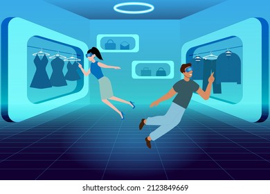 Metaverse Virtual Reality shopping. Young woman and man wearing VR goggles while shopping clothes in the metaverse illustration concept for banner, website, landing page, ads, flyer template.