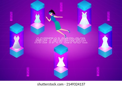 Metaverse Virtual Reality shopping. Young woman wearing VR goggles while shopping clothes in the metaverse illustration concept for banner, website, landing page, ads, flyer template.