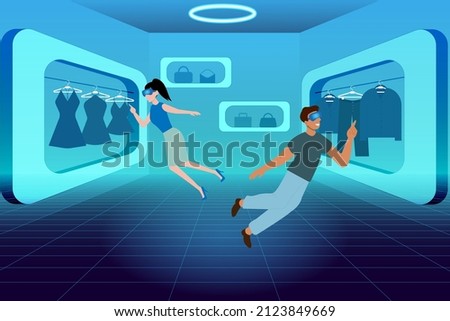 Metaverse Virtual Reality shopping. Young woman and man wearing VR goggles while shopping clothes in the metaverse illustration concept for banner, website, landing page, ads, flyer template.
