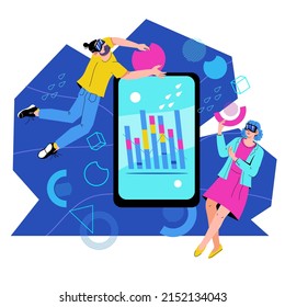Metaverse or Virtual reality technology for business process and workflow. Man and woman in VR digital glasses interacting in augmented reality or metaverse space, flat vector isolated on white.
