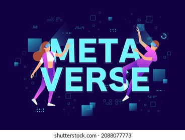 Metaverse or Virtual reality technology concept. Man and woman in digital glasses. Teenage gamer wearing VR headset playing game.