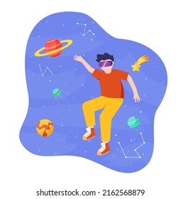 Metaverse or Virtual reality technology concept. Man in digital glasses. Teenage gamer wearing VR headset playing game. Eps 10
