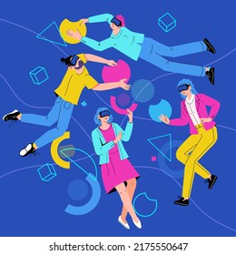 Metaverse or virtual reality technology for entertainment and business. People interacting in a virtual reality, VR simulation application concept, flat vector illustration.