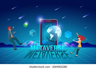 Metaverse, tecnología de realidad virtual, experiencia de interfaz de usuario 3D con smartphone y dispositivos digitales. Hombre y mujer con vidrio para auriculares VR en línea que se conectan al espacio virtual y al universo.