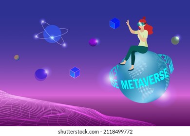 Metaverse, virtual reality technology, user interface 3D experience with smartphone and digital devices. Woman sit on metaverse world using vr headset online connecting to virtual space and universe. 
