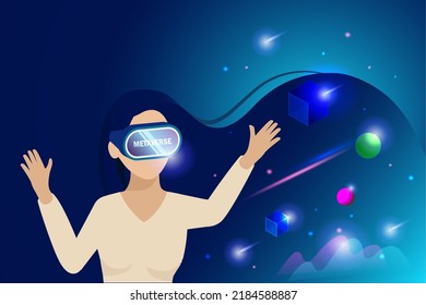 Metaverse, virtual reality technology, user interface 3D experience digital devices. Woman using vr headset online connecting to virtual space and universe. 