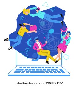 Metaverse and virtual reality technology, VR high-tech app for business. VR simulation application with people developing collaborative project, flat vector isolated on white background.