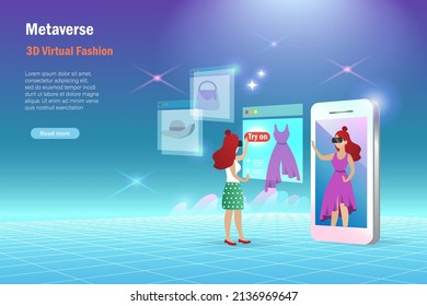 Metaverse virtual try on cloth. Woman use metaverse technology try on dress with mirror reflection on smart phone screen. Textiles fashion and clothes design in futuristic technology. 