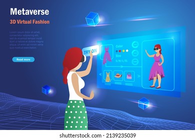 Metaverse virtual try on cloth. Woman use metaverse technology try on dress with mirror reflection on virtual device screen. 3D textiles fashion and intelligent graphic design in futuristic technology