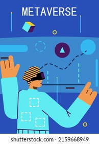 Metaverse virtual-reality space technology poster or banner design with man in headset with digitally generated interface, flat cartoon vector illustration.