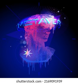 Metaverse VR and AR technology futuristic concept. Michelangelo's David looks up in cyberspace of metaverse. Virtual reality or Augmented reality world simulation. Vector