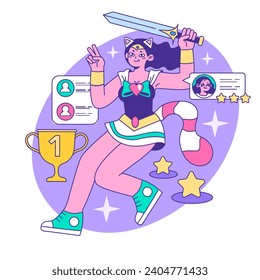 Metaverse. VR futuristic technology. Digital environment or online virtual platform. Character in augmented reality and cyberspace. Flat vector illustration