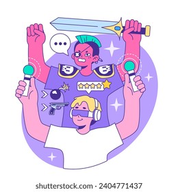 Metaverse. Tecnología futurista VR. Entorno digital o plataforma virtual en línea. Carácter en realidad aumentada y ciberespacio. Ilustración vectorial plana