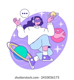 Metaverse. VR futuristic technology. Digital environment or online virtual platform. Character in augmented reality and cyberspace. Flat vector illustration