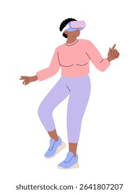 Metaverse, VR, gaming, technology, and digital culture come together in this vector illustration of a young African American woman in sporty casual clothes wearing a VR headset