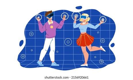Metaverse Vr Glasses Using Boy And Girl Vector. Metaverse Virtual Reality Device Use Young Man And Woman For Playing Video Games And Watching Video. Characters Flat Cartoon Illustration