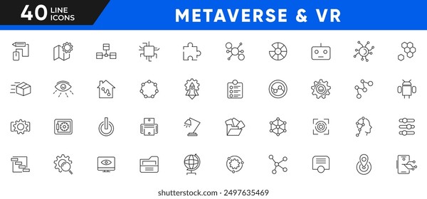 Metaverse and VR line icon set. Virtual, world, virtual reality, VR, digital, futuristic, smart glasses, data protection outline icon collection. UI thin line icon pack. 