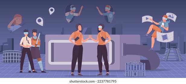 Metaverse vr simulation flat composition with people interacting in virtual world vector illustration