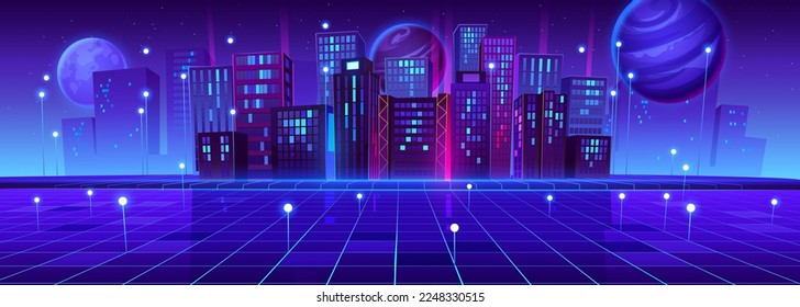 Metaverse, vr technology concept with digital city buildings. Futuristic virtual reality background with cityscape simulation with planets in sky at night, vector cartoon illustration