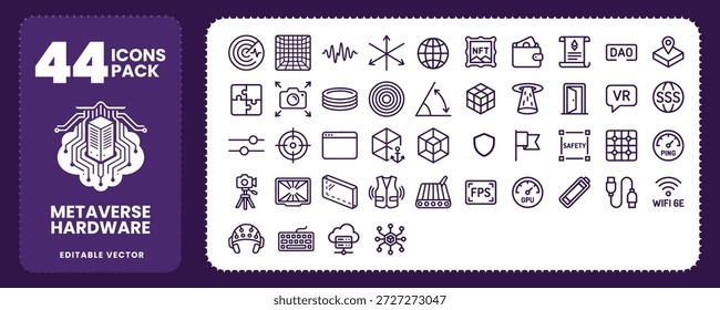 Iconos del vector del hardware de la realidad virtual de Metaverse y VR