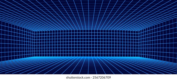 Metaverse VR Wireframe Room Blue Background. Vector Perspective Grid. Futuristic VR Game Geometric Backdrop. Box with Digital Cyber Space. Vector Illustration.