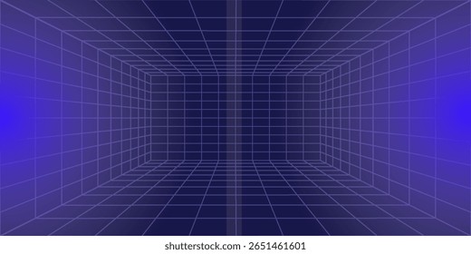 Metaverse VR Wireframe Room Blue Background (Fundo azul da sala de wireframe do Metaverso VR) Grade de Perspectiva Vetorial. Futuristic VR Game Geometric Backdrop (em inglês). Caixa com espaço cibernético digital. Ilustração de vetor.