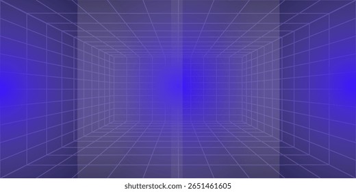Metaverse VR Wireframe Room Blue Background (Fundo azul da sala de wireframe do Metaverso VR) Grade de Perspectiva Vetorial. Futuristic VR Game Geometric Backdrop (em inglês). Caixa com espaço cibernético digital. Ilustração de vetor.
