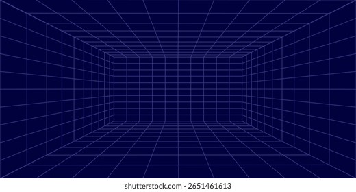 Metaverse VR Wireframe Room Blue Background (Fundo azul da sala de wireframe do Metaverso VR) Grade de Perspectiva Vetorial. Futuristic VR Game Geometric Backdrop (em inglês). Caixa com espaço cibernético digital. Ilustração de vetor.