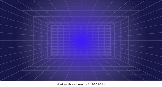 Metaverse VR Wireframe Room Blue Background (Fundo azul da sala de wireframe do Metaverso VR) Grade de Perspectiva Vetorial. Futuristic VR Game Geometric Backdrop (em inglês). Caixa com espaço cibernético digital. Ilustração de vetor.
