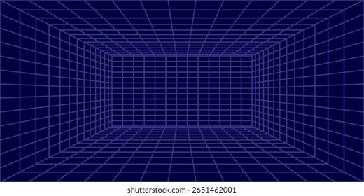 Metaverse VR Wireframe Room Blue Background (Fundo azul da sala de wireframe do Metaverso VR) Grade de Perspectiva Vetorial. Futuristic VR Game Geometric Backdrop (em inglês). Caixa com espaço cibernético digital. Ilustração de vetor. eps10. modern