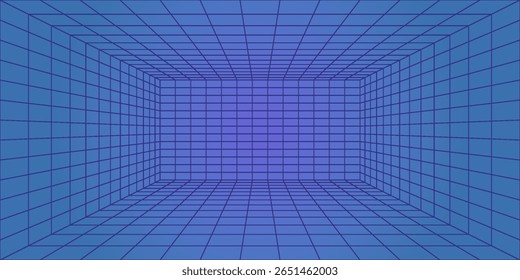 Metaverse VR Wireframe Room Blue Background (Fundo azul da sala de wireframe do Metaverso VR) Grade de Perspectiva Vetorial. Futuristic VR Game Geometric Backdrop (em inglês). Caixa com espaço cibernético digital. Ilustração de vetor. eps10. modern