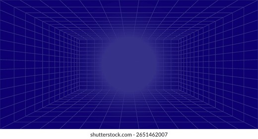 Metaverse VR Wireframe Room Blue Background (Fundo azul da sala de wireframe do Metaverso VR) Grade de Perspectiva Vetorial. Futuristic VR Game Geometric Backdrop (em inglês). Caixa com espaço cibernético digital. Ilustração de vetor. eps10. modern