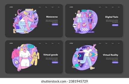 Metaverse web banner or landing page night or dark mode set. VR futuristic technology. Digital environment or virtual platform. Character in augmented reality and cyberspace. Flat vector illustration