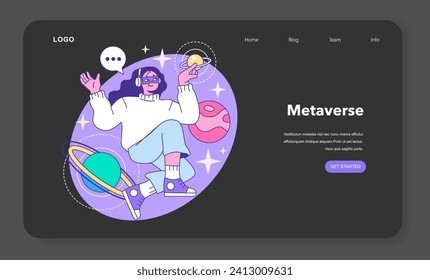 Metaverse web banner or landing page night or dark mode. VR futuristic technology. Digital environment or virtual platform. Character in augmented reality and cyberspace. Flat vector illustration