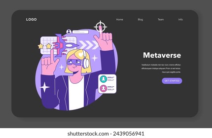 Metaverse web banner or landing page night or dark mode. VR futuristic technology. Digital environment or virtual platform. Character in augmented reality and cyberspace. Flat vector illustration