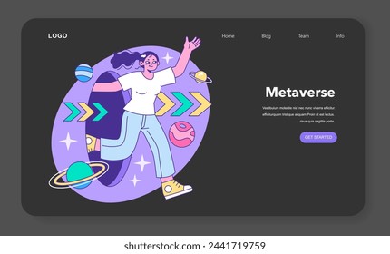 Metaverse web banner or landing page night or dark mode. VR futuristic technology. Digital environment or virtual platform. Character in augmented reality and cyberspace. Flat vector illustration